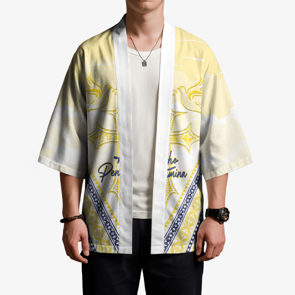 Peniamina Gospel Day Niue Kimono Cross Dove Hiapo Pattern Yellow LT14 - Polynesian Pride