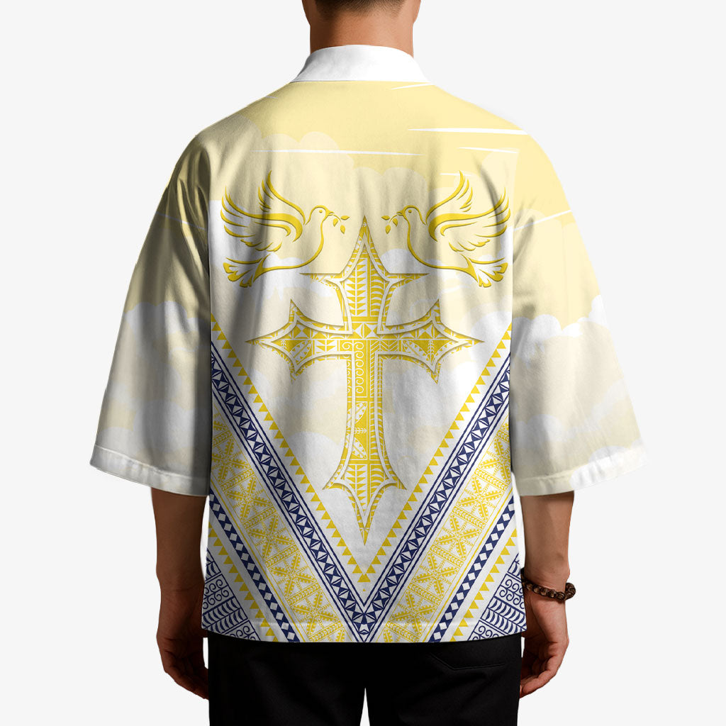 Peniamina Gospel Day Niue Kimono Cross Dove Hiapo Pattern Yellow LT14 - Polynesian Pride