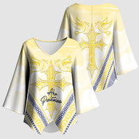 Peniamina Gospel Day Niue Kimono Sleeve Blouse Cross Dove Hiapo Pattern Yellow LT14 - Polynesian Pride