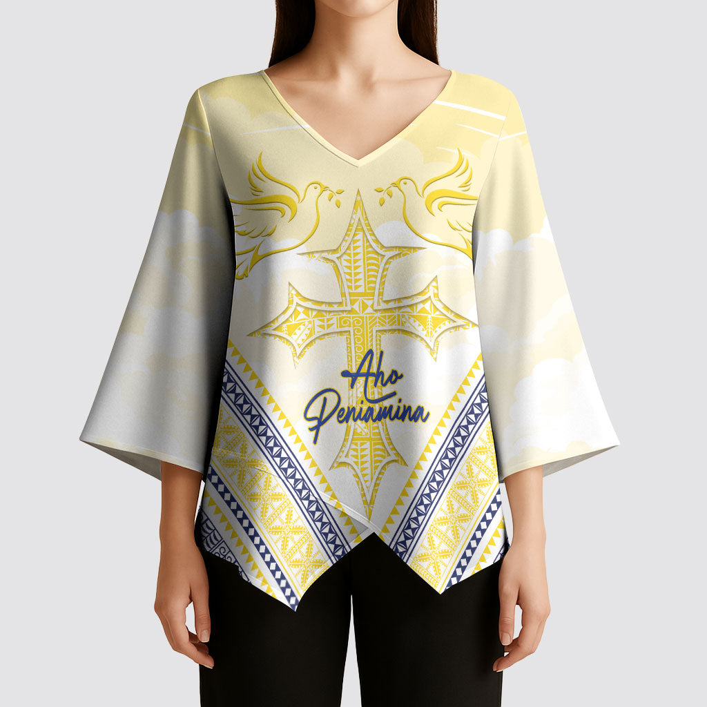Peniamina Gospel Day Niue Kimono Sleeve Blouse Cross Dove Hiapo Pattern Yellow LT14 - Polynesian Pride
