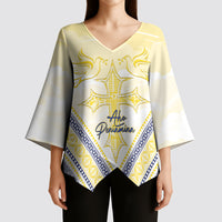 Peniamina Gospel Day Niue Kimono Sleeve Blouse Cross Dove Hiapo Pattern Yellow LT14 - Polynesian Pride