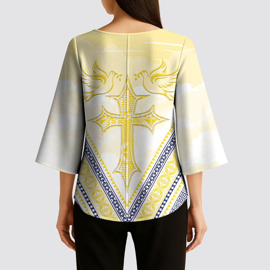 Peniamina Gospel Day Niue Kimono Sleeve Blouse Cross Dove Hiapo Pattern Yellow LT14 - Polynesian Pride
