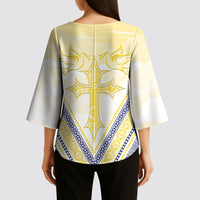 Peniamina Gospel Day Niue Kimono Sleeve Blouse Cross Dove Hiapo Pattern Yellow LT14 - Polynesian Pride