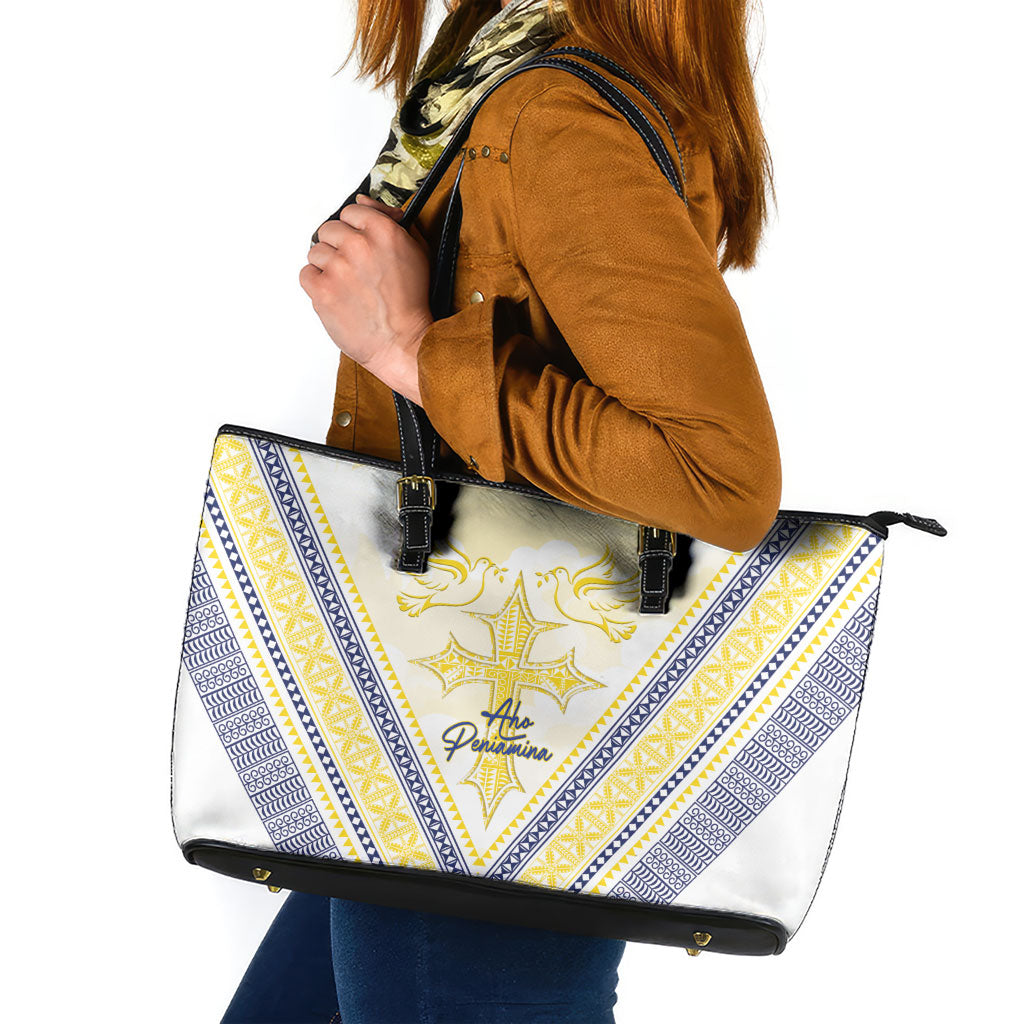 Peniamina Gospel Day Niue Leather Tote Bag Cross Dove Hiapo Pattern Yellow LT14 Yellow - Polynesian Pride