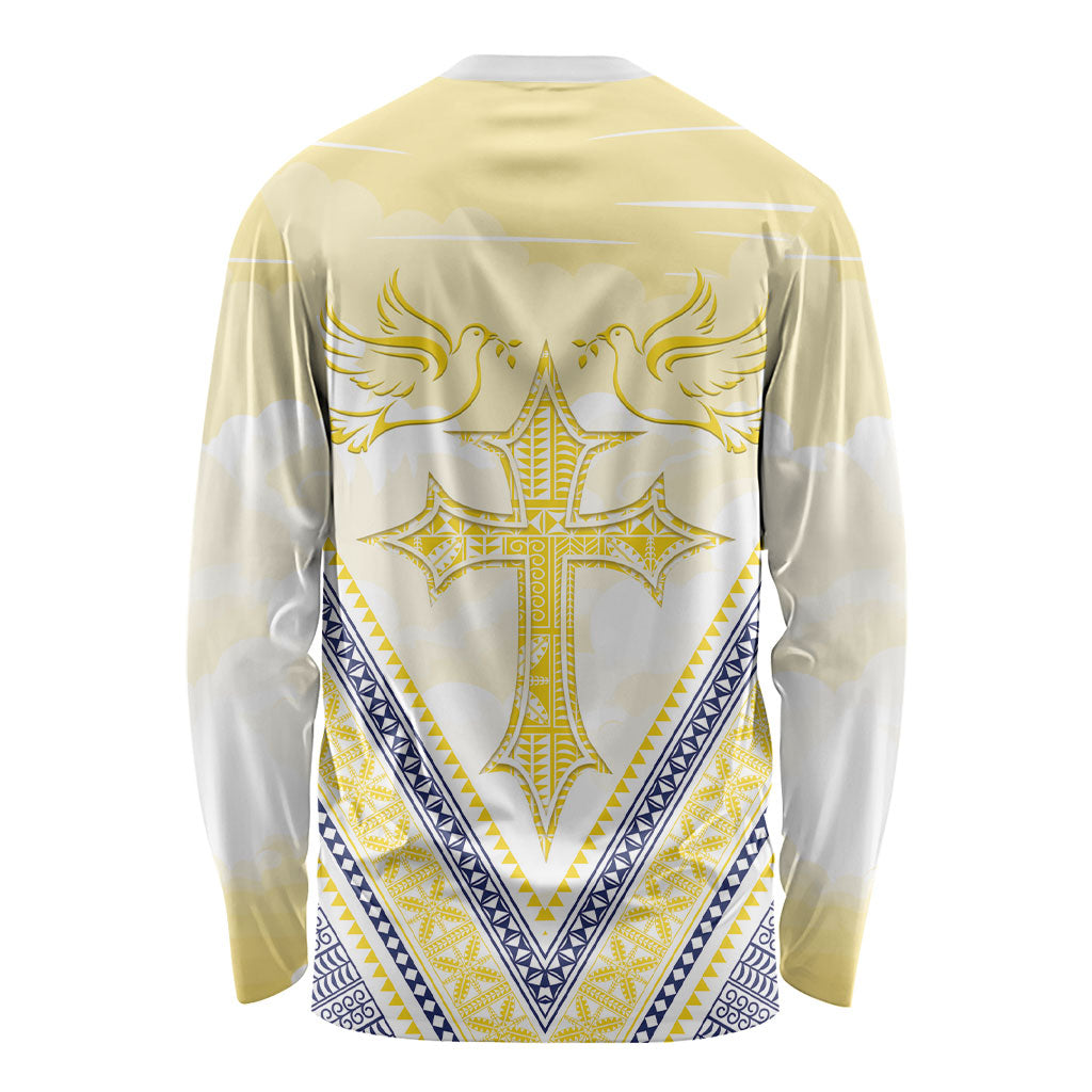Peniamina Gospel Day Niue Long Sleeve Shirt Cross Dove Hiapo Pattern Yellow LT14 - Polynesian Pride