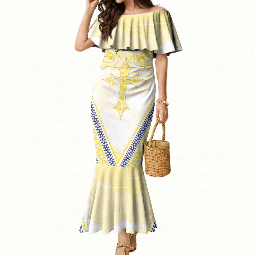 Peniamina Gospel Day Niue Mermaid Dress Cross Dove Hiapo Pattern Yellow LT14 Women Yellow - Polynesian Pride