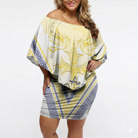 Peniamina Gospel Day Niue Off Shoulder Short Dress Cross Dove Hiapo Pattern Yellow LT14 Women Yellow - Polynesian Pride