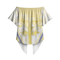 Peniamina Gospel Day Niue Off Shoulder Wrap Waist Top Cross Dove Hiapo Pattern Yellow LT14 - Polynesian Pride