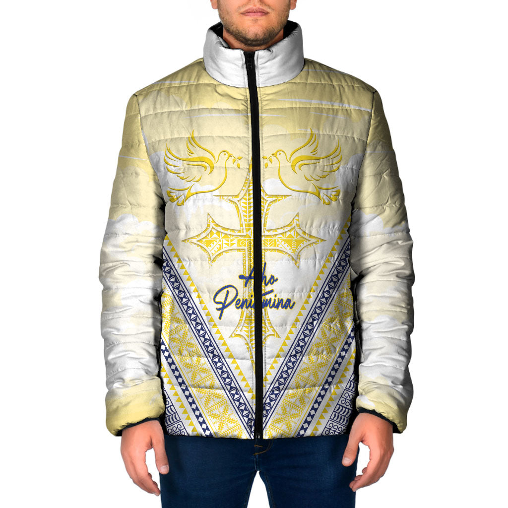 Peniamina Gospel Day Niue Padded Jacket Cross Dove Hiapo Pattern Yellow LT14 Men Yellow - Polynesian Pride
