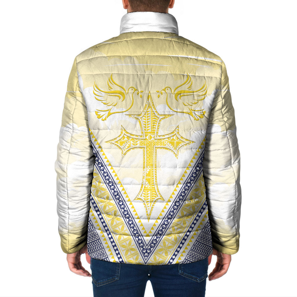 Peniamina Gospel Day Niue Padded Jacket Cross Dove Hiapo Pattern Yellow LT14 - Polynesian Pride