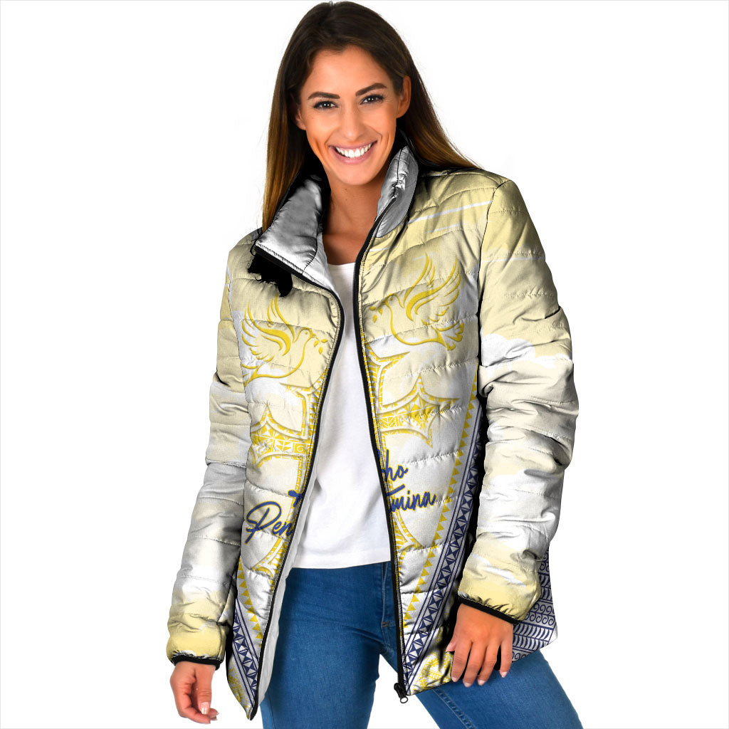 Peniamina Gospel Day Niue Padded Jacket Cross Dove Hiapo Pattern Yellow LT14 Women Yellow - Polynesian Pride