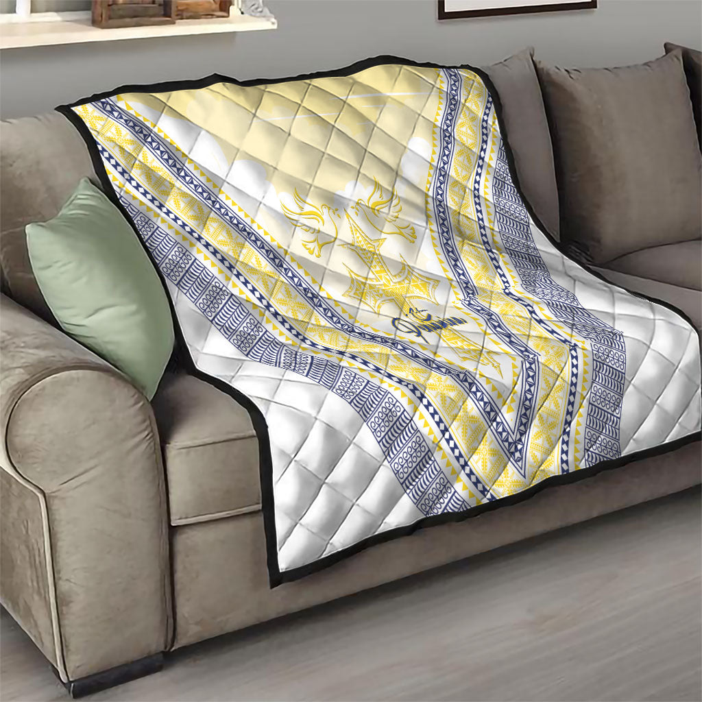 Peniamina Gospel Day Niue Quilt Cross Dove Hiapo Pattern Yellow LT14 - Polynesian Pride