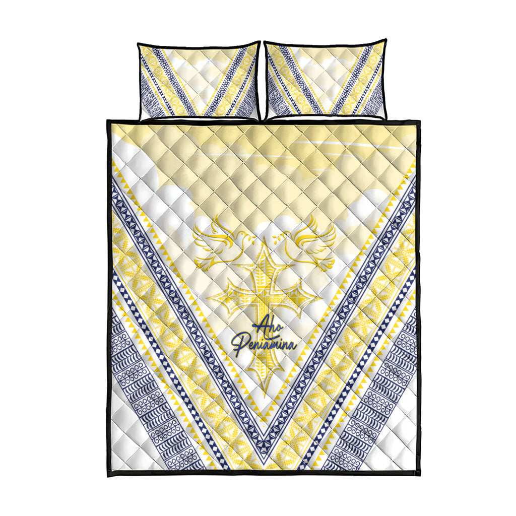 Peniamina Gospel Day Niue Quilt Bed Set Cross Dove Hiapo Pattern Yellow LT14 - Polynesian Pride