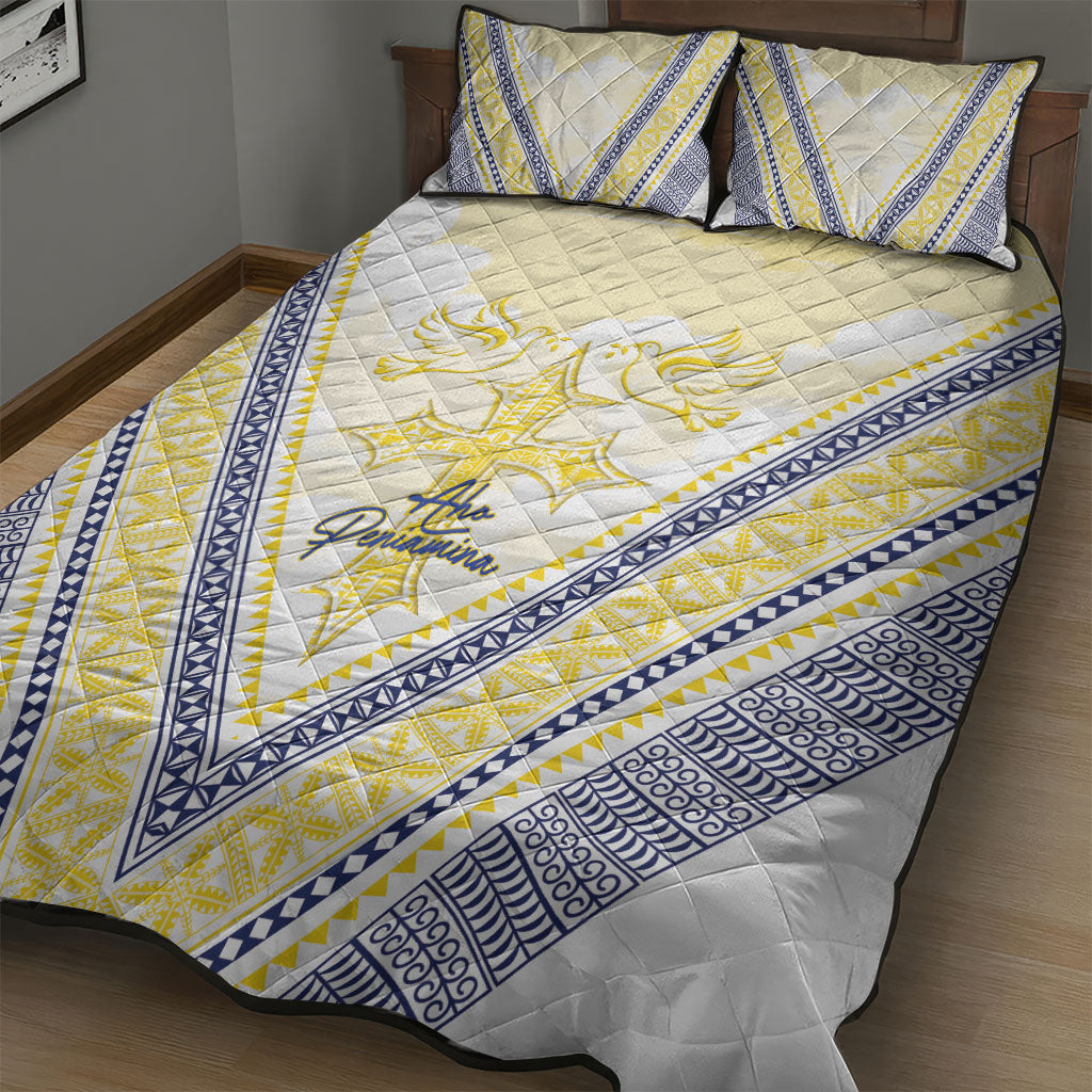 Peniamina Gospel Day Niue Quilt Bed Set Cross Dove Hiapo Pattern Yellow LT14 - Polynesian Pride