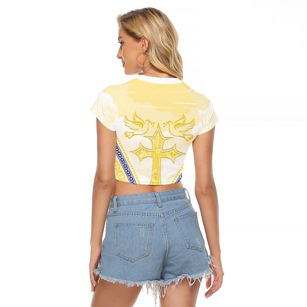 Peniamina Gospel Day Niue Raglan Cropped T Shirt Cross Dove Hiapo Pattern Yellow LT14 - Polynesian Pride