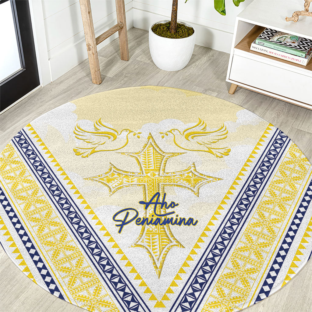 Peniamina Gospel Day Niue Round Carpet Cross Dove Hiapo Pattern Yellow LT14 Yellow - Polynesian Pride