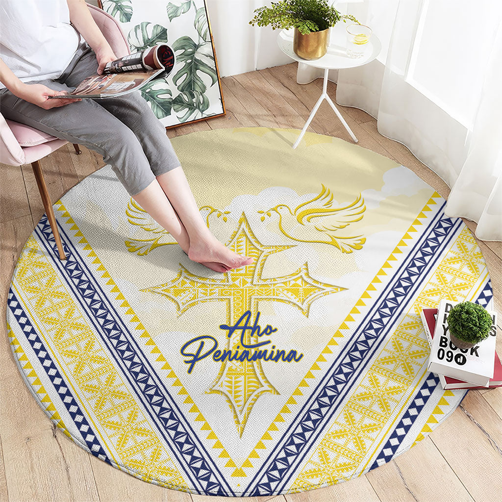Peniamina Gospel Day Niue Round Carpet Cross Dove Hiapo Pattern Yellow LT14 - Polynesian Pride