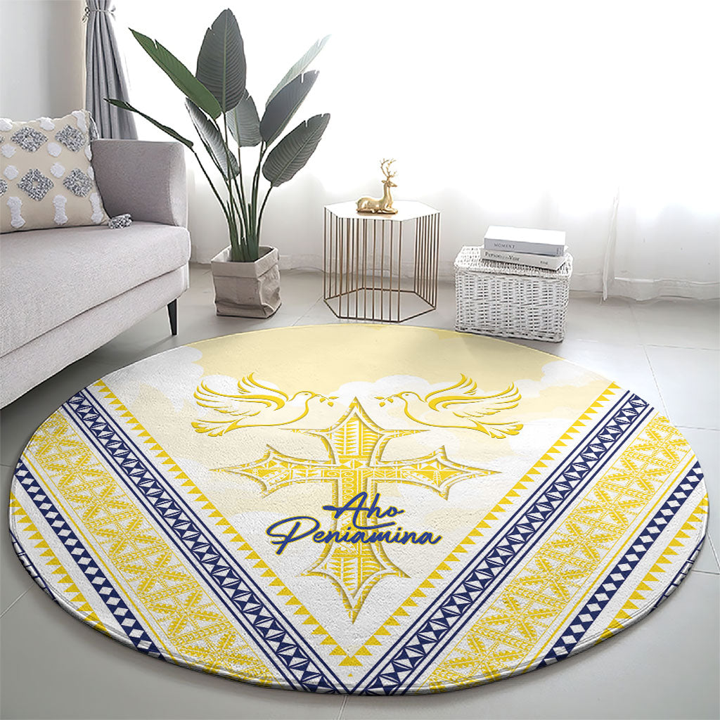 Peniamina Gospel Day Niue Round Carpet Cross Dove Hiapo Pattern Yellow LT14 - Polynesian Pride
