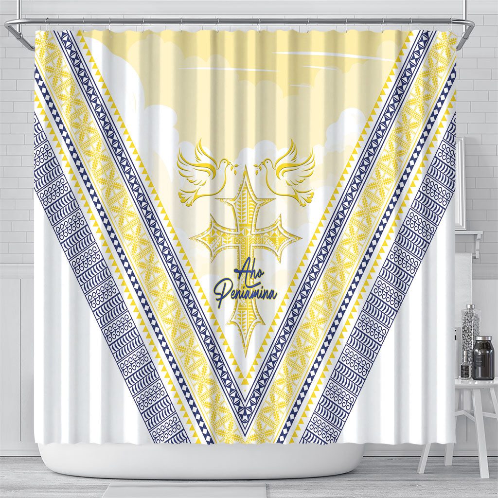 Peniamina Gospel Day Niue Shower Curtain Cross Dove Hiapo Pattern Yellow LT14 - Polynesian Pride