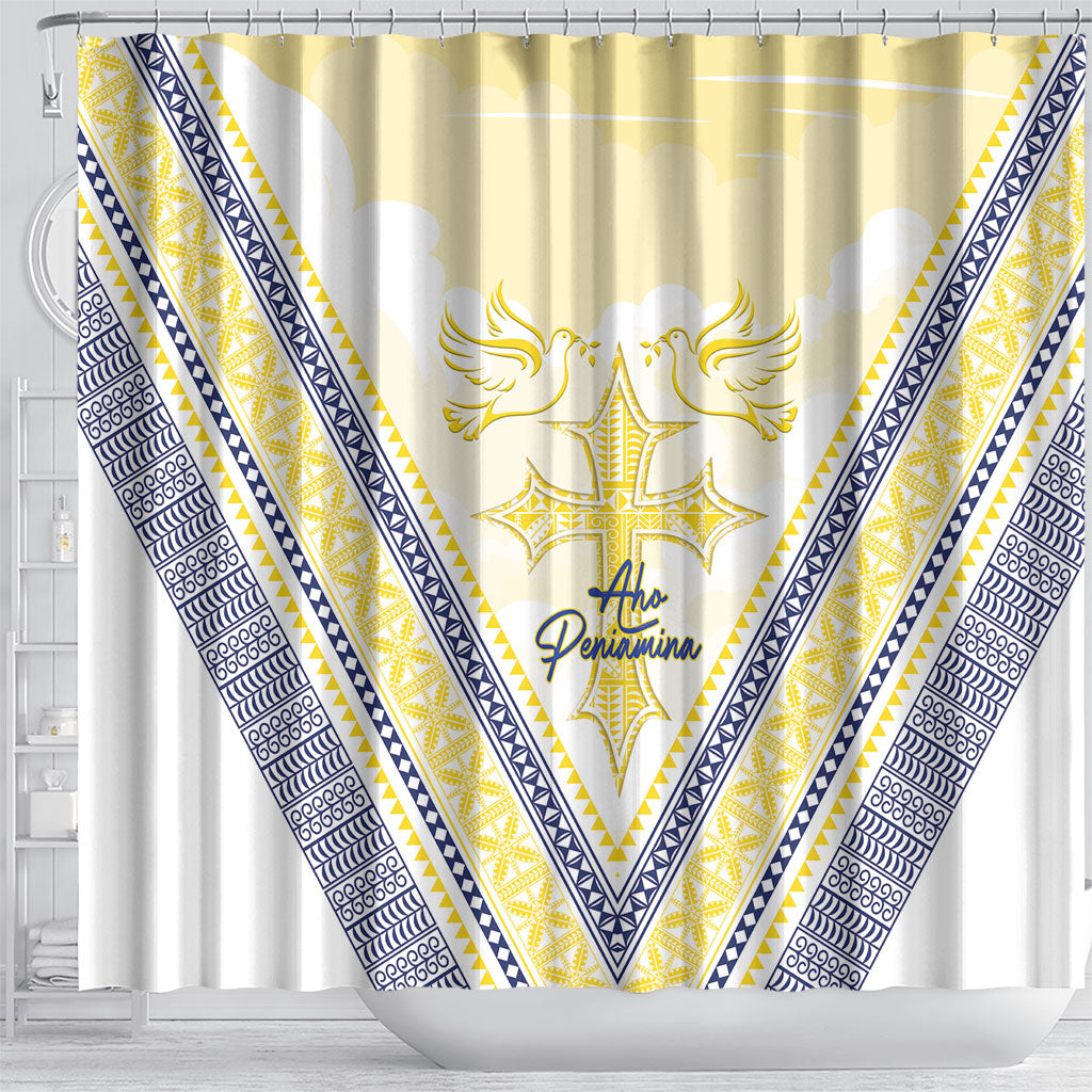 Peniamina Gospel Day Niue Shower Curtain Cross Dove Hiapo Pattern Yellow LT14 - Polynesian Pride