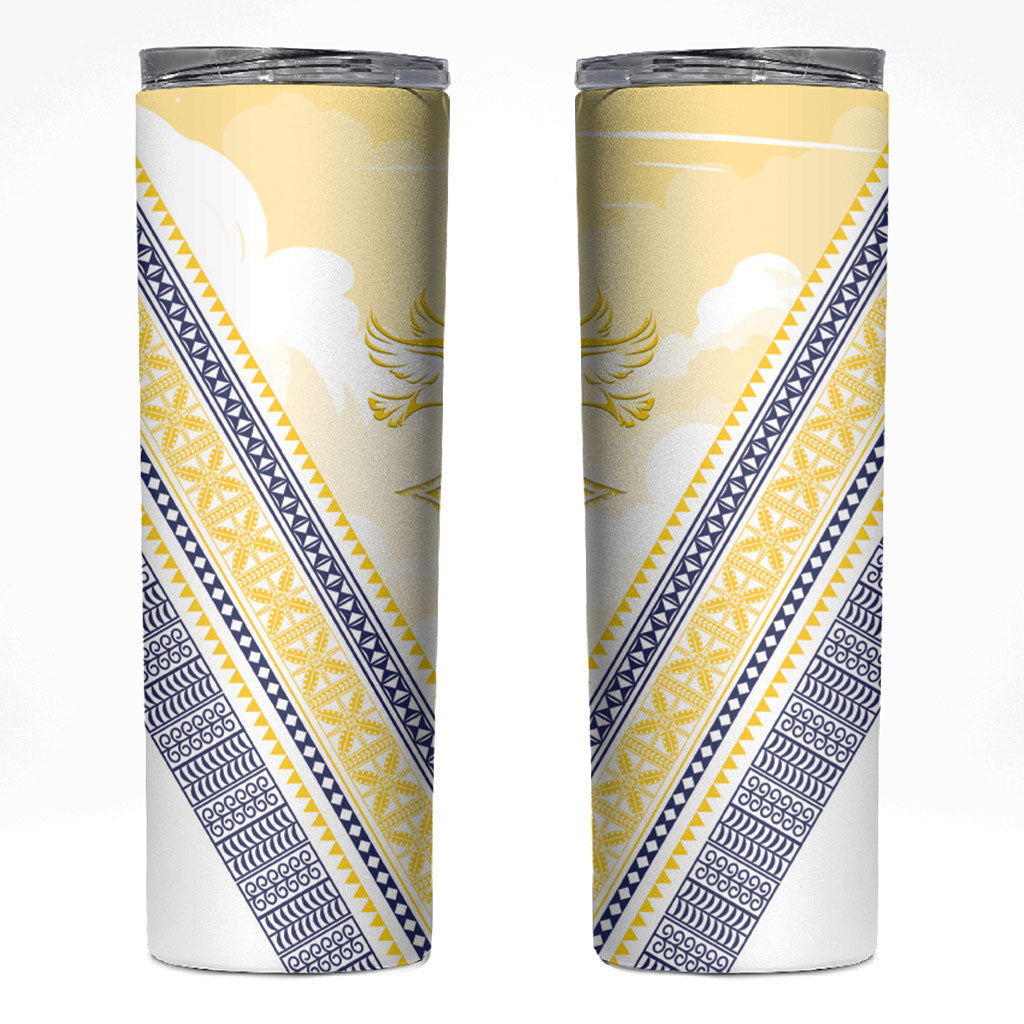Peniamina Gospel Day Niue Skinny Tumbler Cross Dove Hiapo Pattern Yellow LT14 Yellow - Polynesian Pride
