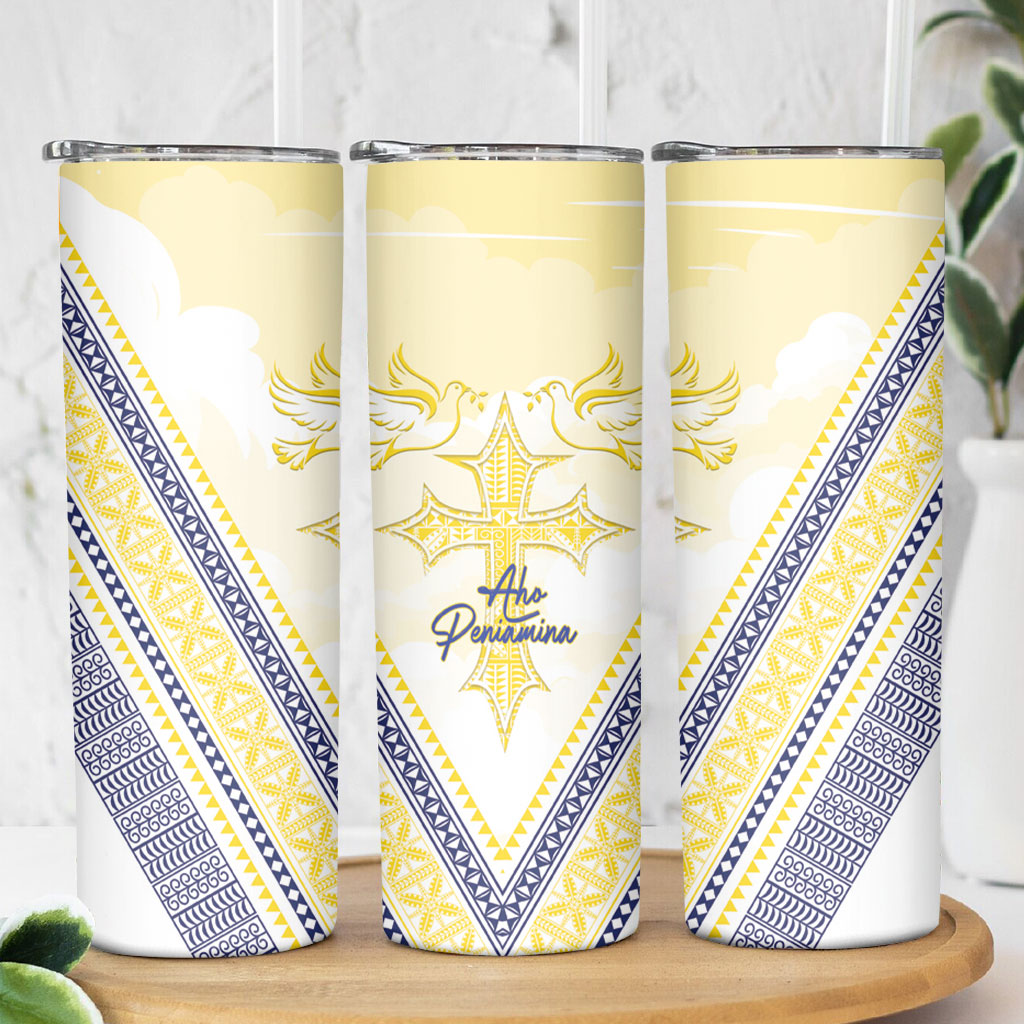 Peniamina Gospel Day Niue Skinny Tumbler Cross Dove Hiapo Pattern Yellow LT14 - Polynesian Pride