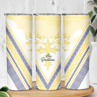 Peniamina Gospel Day Niue Skinny Tumbler Cross Dove Hiapo Pattern Yellow LT14 - Polynesian Pride