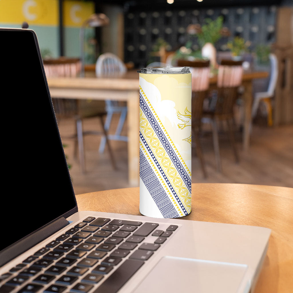 Peniamina Gospel Day Niue Skinny Tumbler Cross Dove Hiapo Pattern Yellow LT14 - Polynesian Pride
