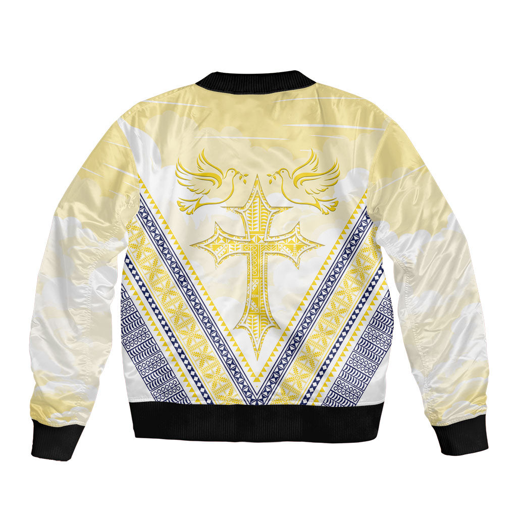 Peniamina Gospel Day Niue Sleeve Zip Bomber Jacket Cross Dove Hiapo Pattern Yellow LT14 - Polynesian Pride