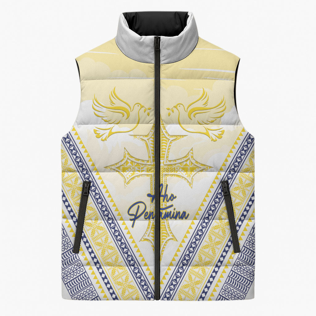 Peniamina Gospel Day Niue Sleeveless Puffer Jacket Cross Dove Hiapo Pattern Yellow LT14 Unisex Yellow - Polynesian Pride