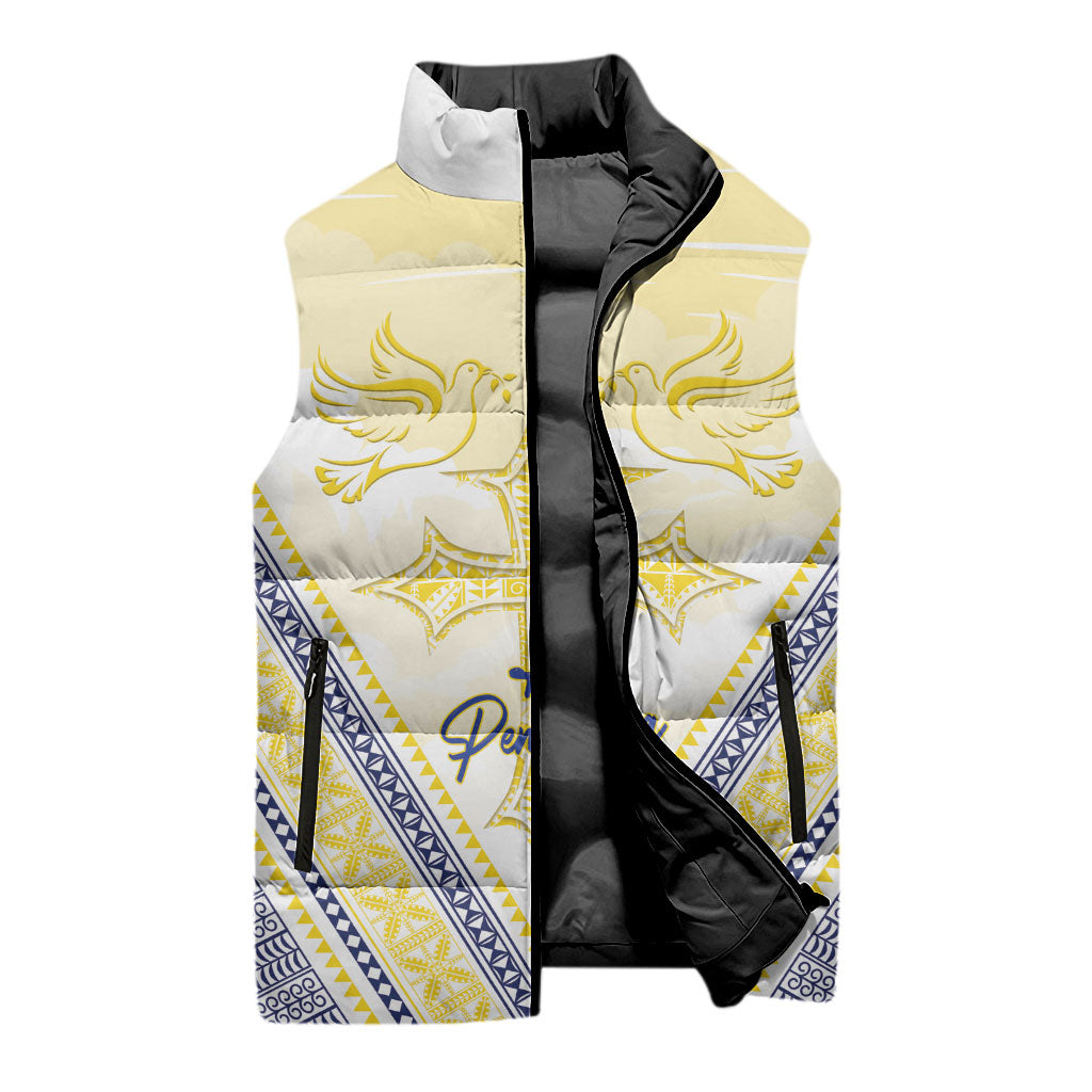 Peniamina Gospel Day Niue Sleeveless Puffer Jacket Cross Dove Hiapo Pattern Yellow LT14 - Polynesian Pride