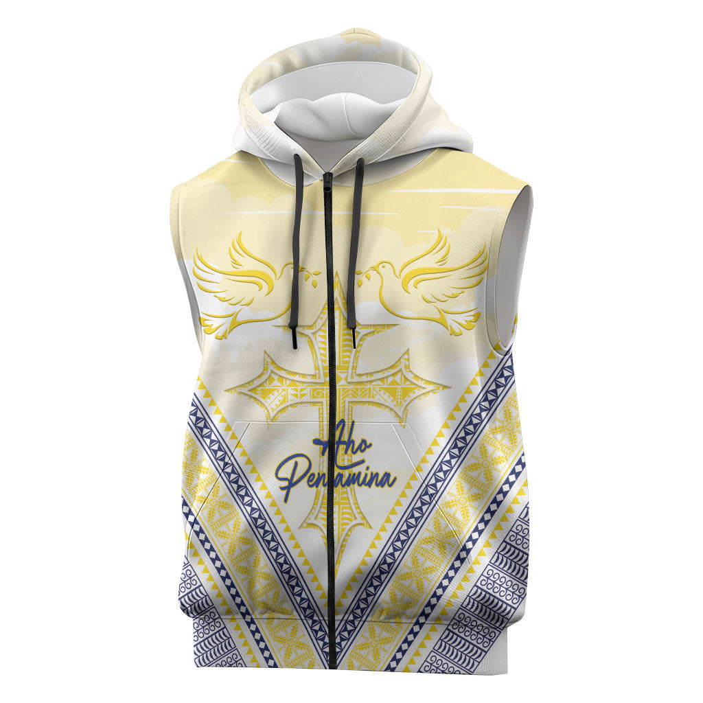 Peniamina Gospel Day Niue Sleeveless Zip Hoodie Cross Dove Hiapo Pattern Yellow LT14 Yellow - Polynesian Pride