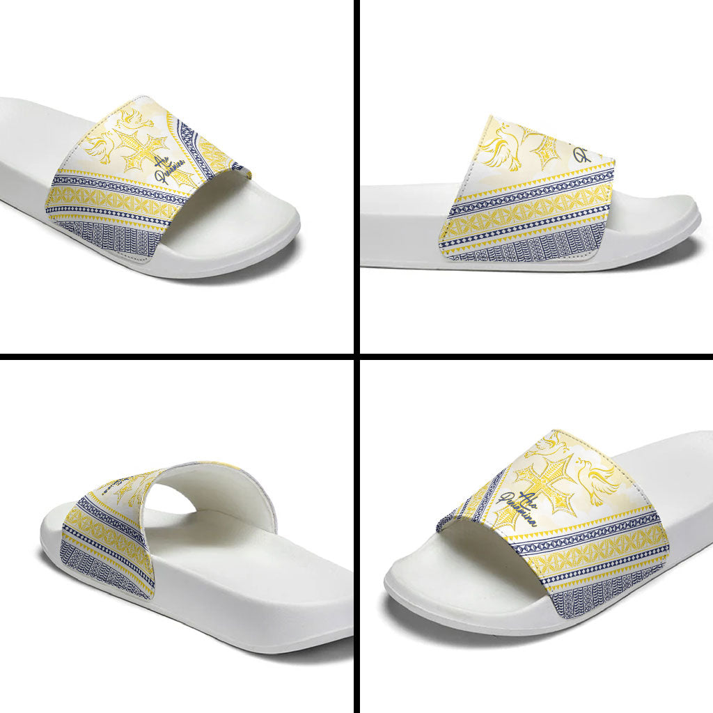 Peniamina Gospel Day Niue Slide Sandals Cross Dove Hiapo Pattern Yellow LT14 - Polynesian Pride