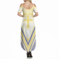Peniamina Gospel Day Niue Summer Maxi Dress Cross Dove Hiapo Pattern Yellow LT14 - Polynesian Pride