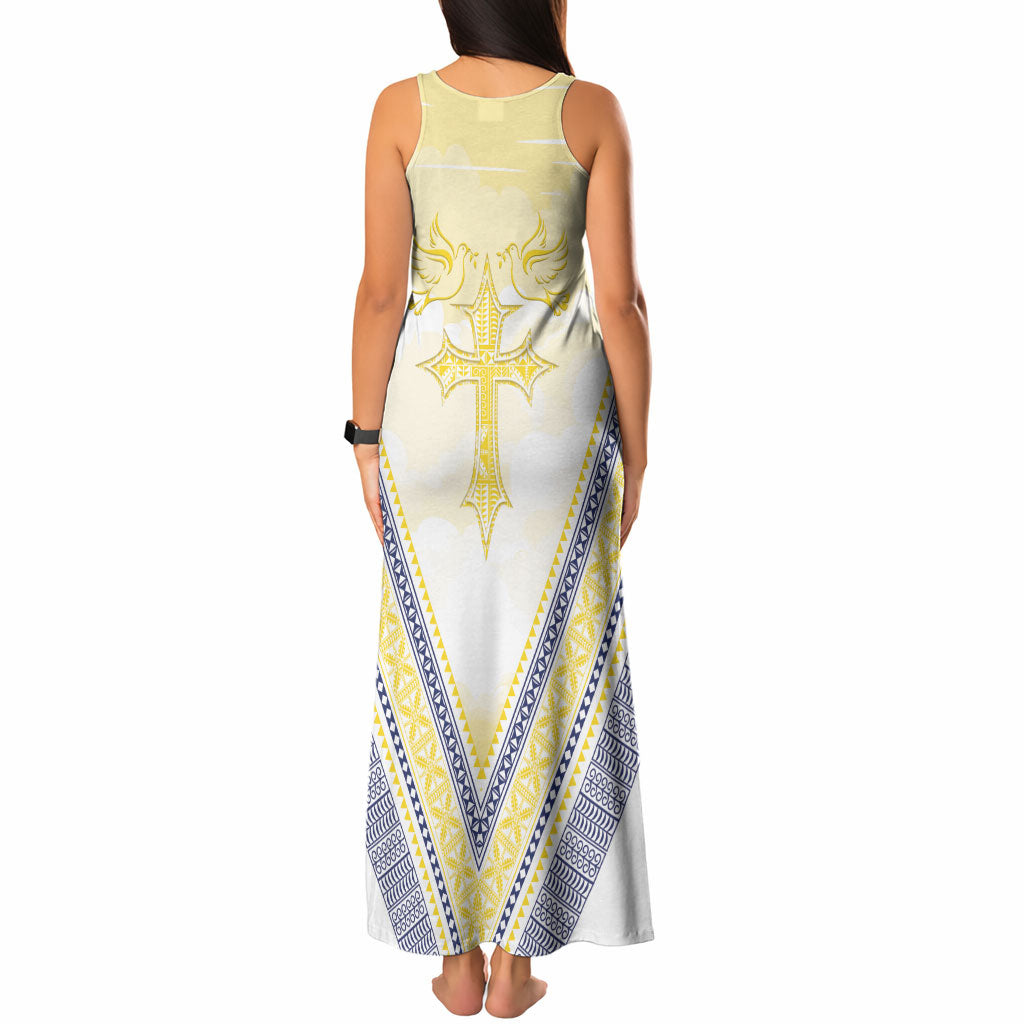 Peniamina Gospel Day Niue Tank Maxi Dress Cross Dove Hiapo Pattern Yellow LT14 - Polynesian Pride