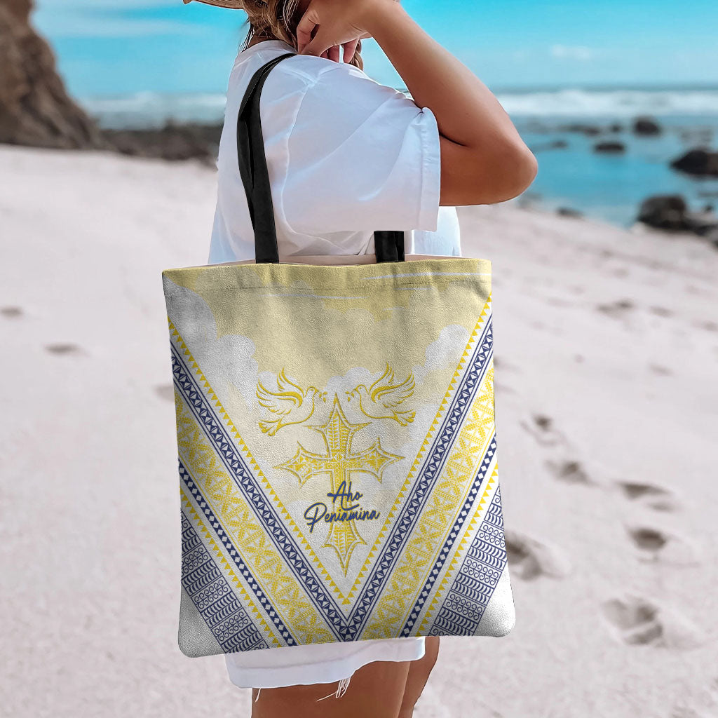 Peniamina Gospel Day Niue Tote Bag Cross Dove Hiapo Pattern Yellow LT14 - Polynesian Pride
