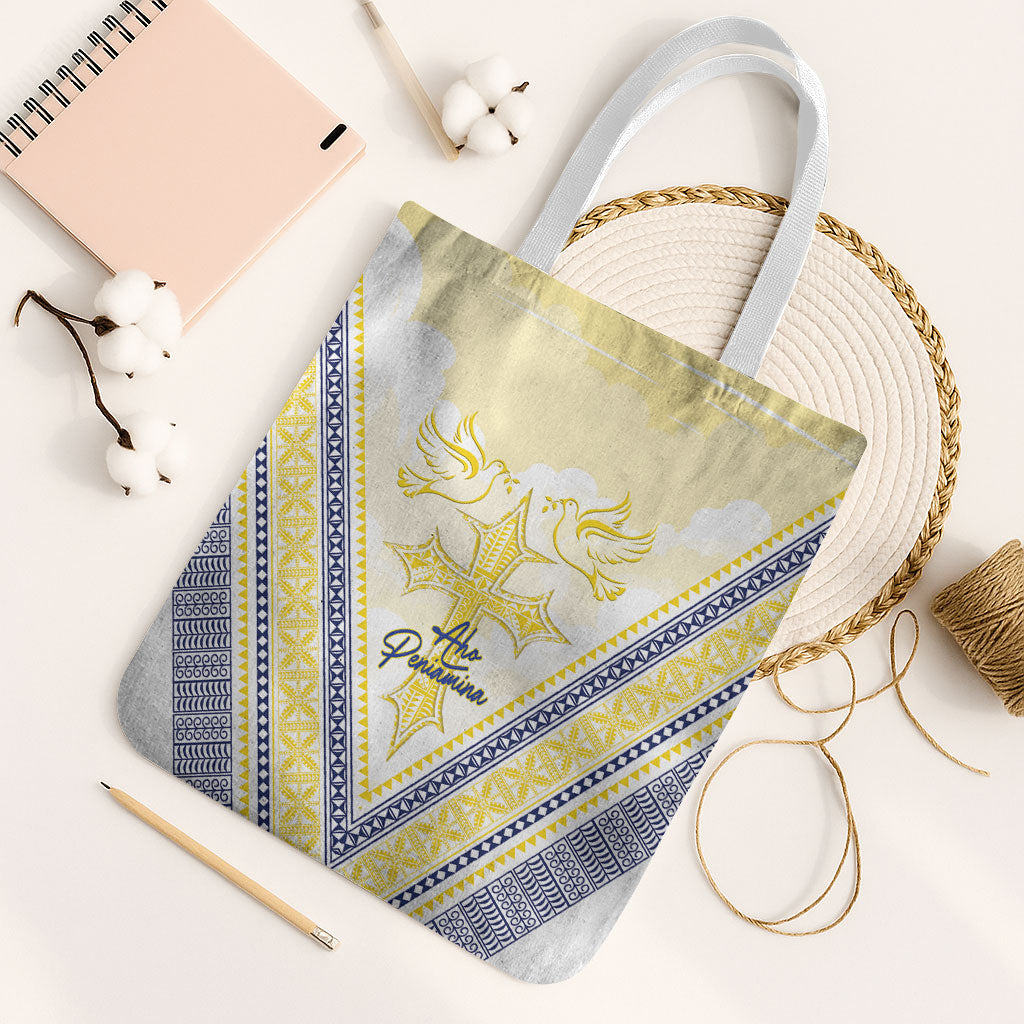 Peniamina Gospel Day Niue Tote Bag Cross Dove Hiapo Pattern Yellow LT14 White Strap One Size Yellow - Polynesian Pride