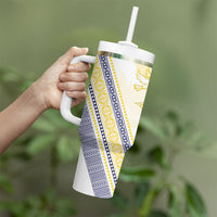 Peniamina Gospel Day Niue Tumbler With Handle Cross Dove Hiapo Pattern Yellow LT14 - Polynesian Pride