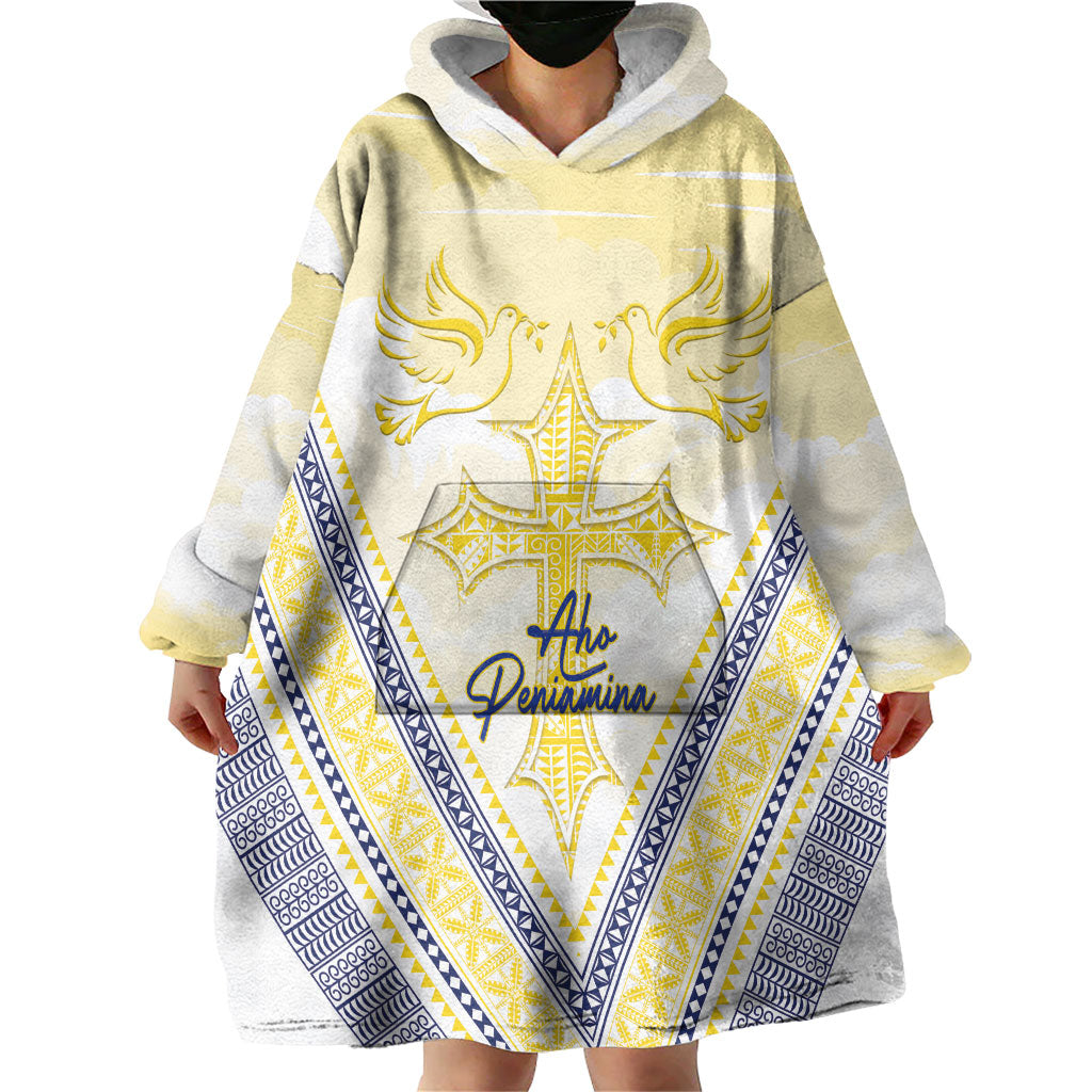 Peniamina Gospel Day Niue Wearable Blanket Hoodie Cross Dove Hiapo Pattern Yellow LT14 - Polynesian Pride