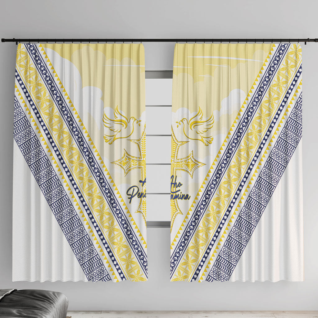 Peniamina Gospel Day Niue Window Curtain Cross Dove Hiapo Pattern Yellow LT14 With Hooks Yellow - Polynesian Pride