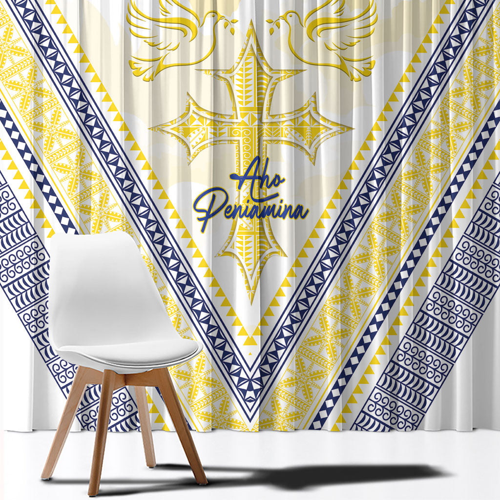 Peniamina Gospel Day Niue Window Curtain Cross Dove Hiapo Pattern Yellow LT14 - Polynesian Pride