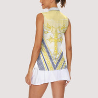 Peniamina Gospel Day Niue Women Sleeveless Polo Shirt Cross Dove Hiapo Pattern Yellow LT14 - Polynesian Pride