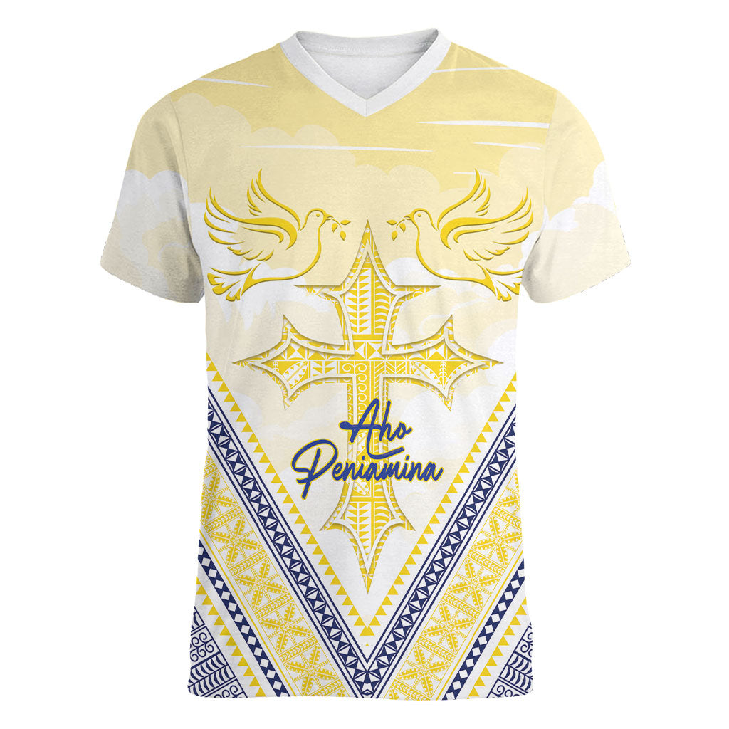 Peniamina Gospel Day Niue Women V-Neck T-Shirt Cross Dove Hiapo Pattern Yellow LT14 Female Yellow - Polynesian Pride
