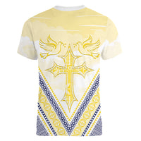 Peniamina Gospel Day Niue Women V-Neck T-Shirt Cross Dove Hiapo Pattern Yellow LT14 - Polynesian Pride