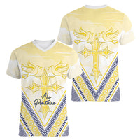Peniamina Gospel Day Niue Women V-Neck T-Shirt Cross Dove Hiapo Pattern Yellow LT14 - Polynesian Pride