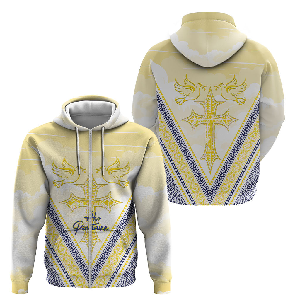 Peniamina Gospel Day Niue Zip Hoodie Cross Dove Hiapo Pattern Yellow LT14 - Polynesian Pride