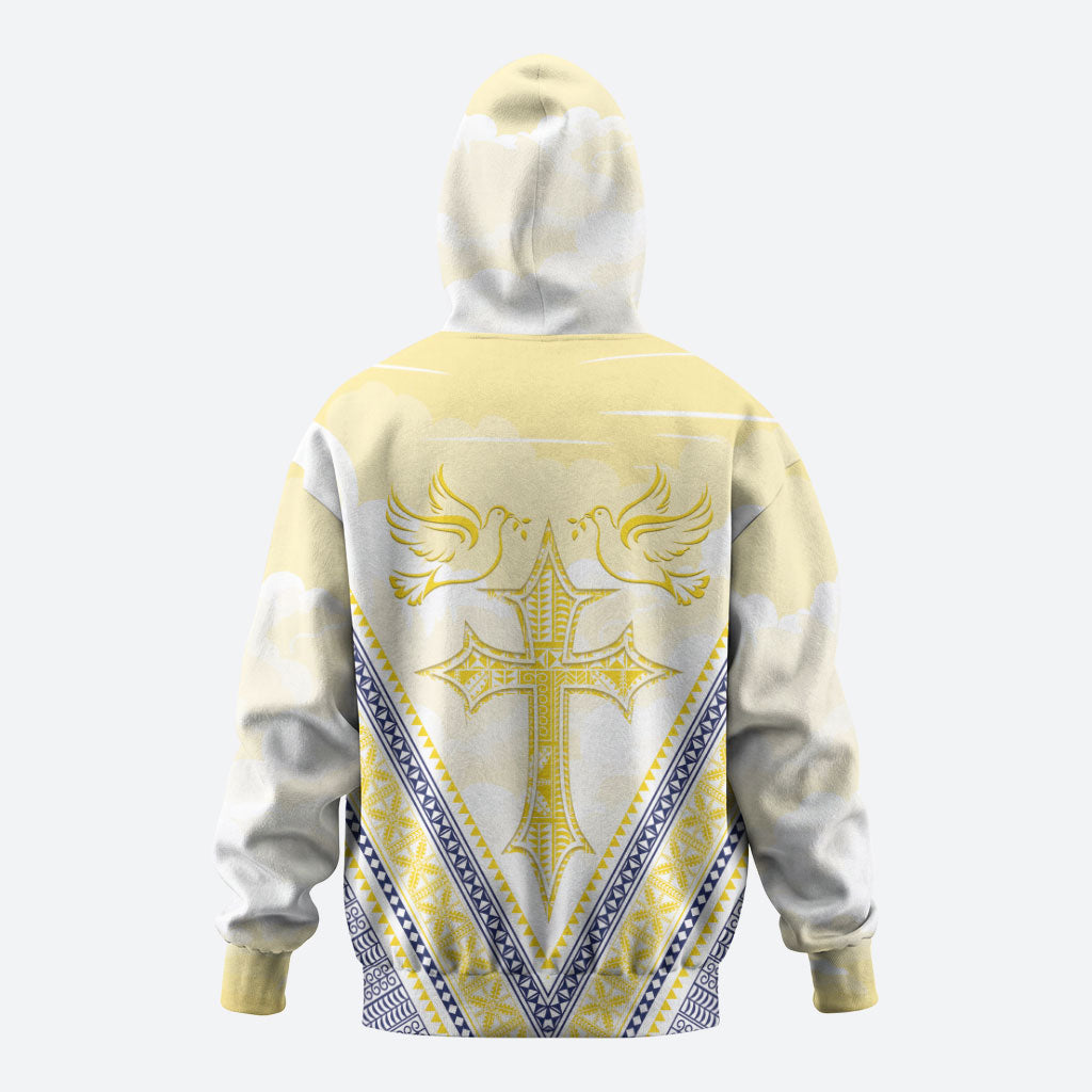 Peniamina Gospel Day Niue Zip Hoodie Cross Dove Hiapo Pattern Yellow LT14 - Polynesian Pride