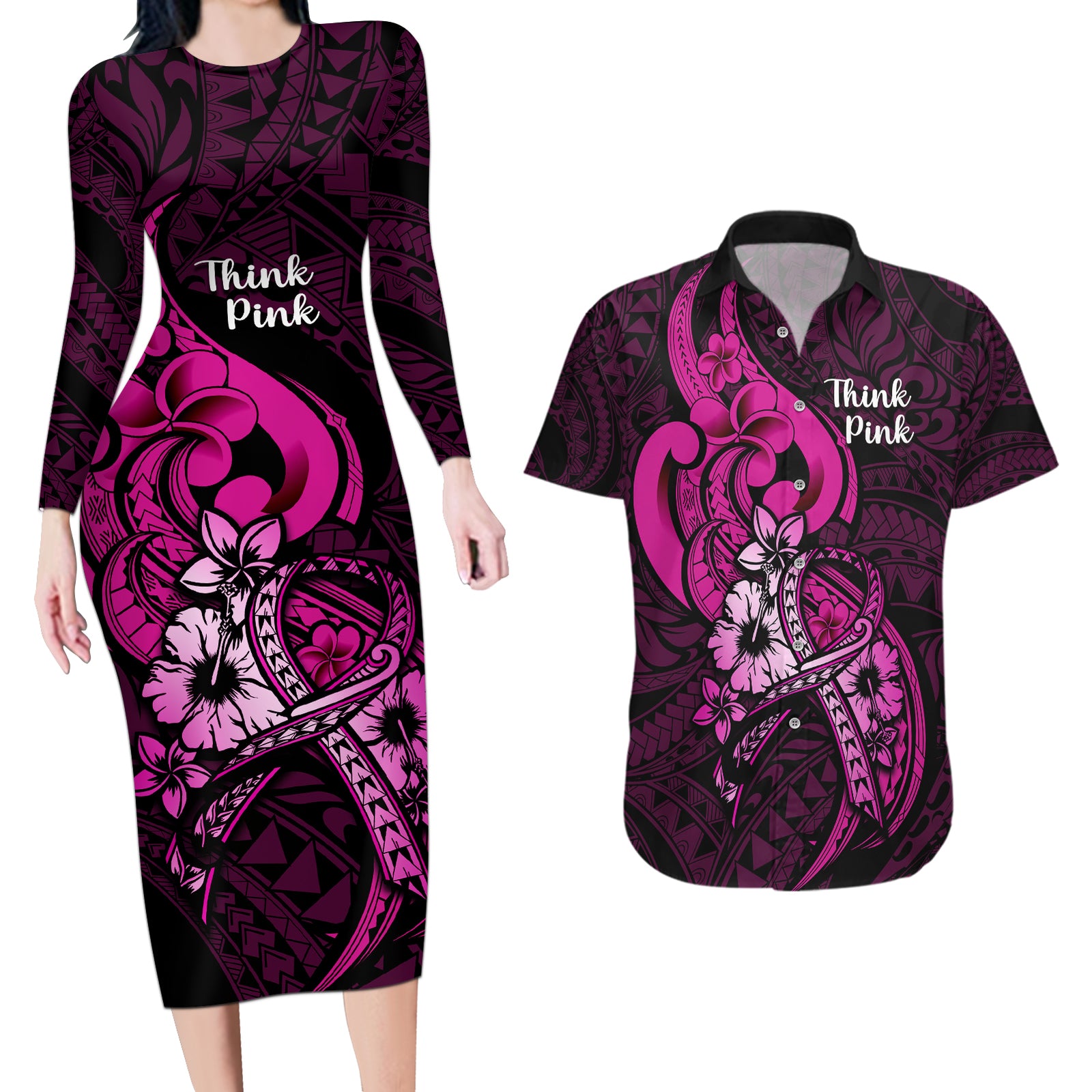 Polynesia Breast Cancer Awareness Couples Matching Long Sleeve Bodycon Dress and Hawaiian Shirt Think Pink Polynesian Ribbon Black Version LT14 Pink - Polynesian Pride