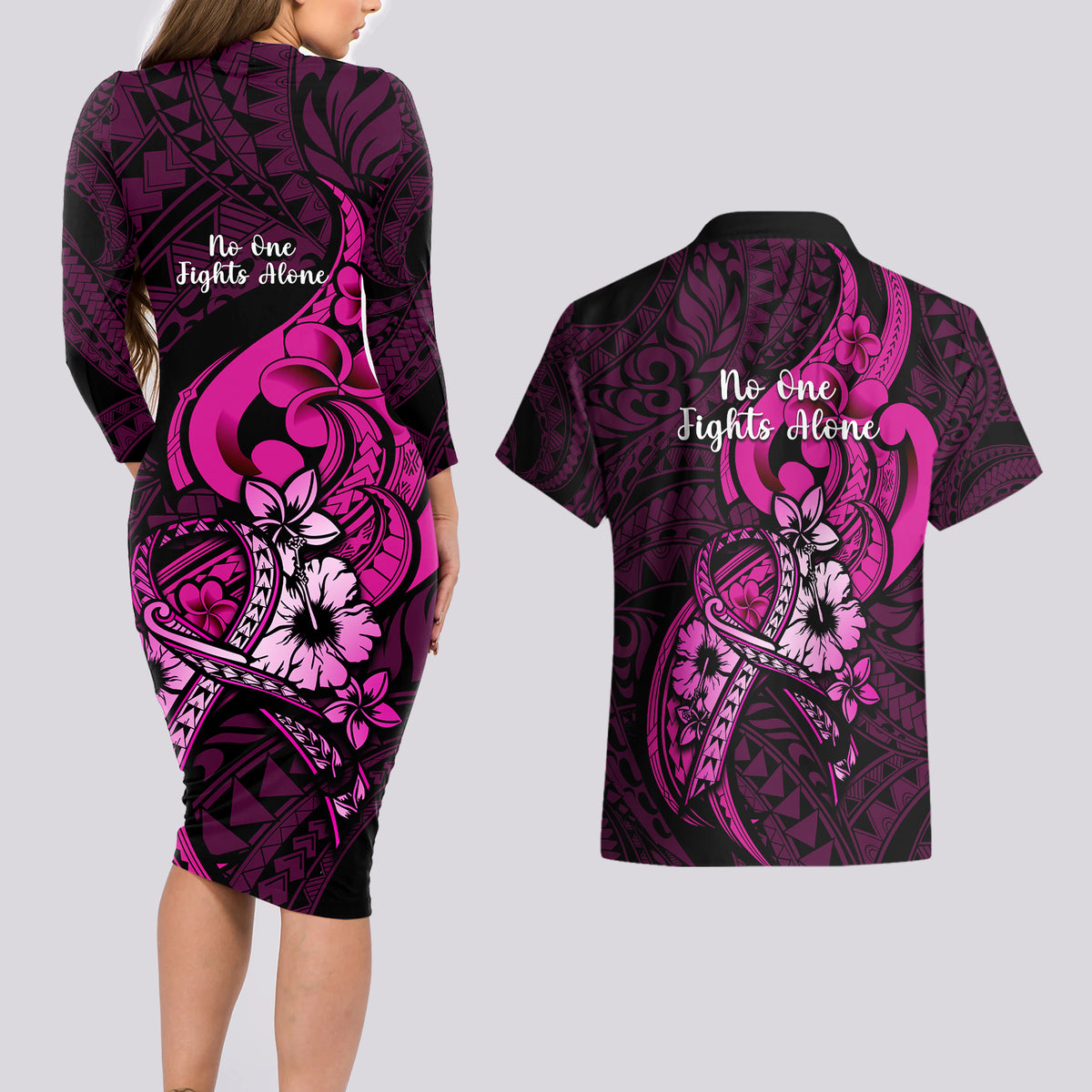 Polynesia Breast Cancer Awareness Couples Matching Long Sleeve Bodycon Dress and Hawaiian Shirt Think Pink Polynesian Ribbon Black Version LT14 - Polynesian Pride