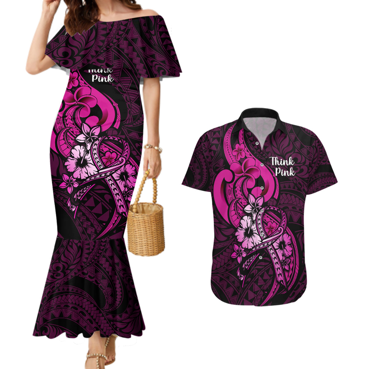 polynesia-breast-cancer-awareness-couples-matching-mermaid-dress-and-hawaiian-shirt-think-pink-polynesian-ribbon-black-version